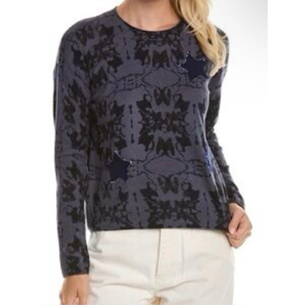 Lisa Todd Star Patch Sweater Gray Blue Long Sleeve Crewneck Size Small